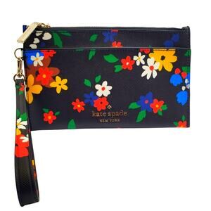 Kate Spade Black Floral Saffiano Leather Wristlet Wallet Clutch Bag Small Purse